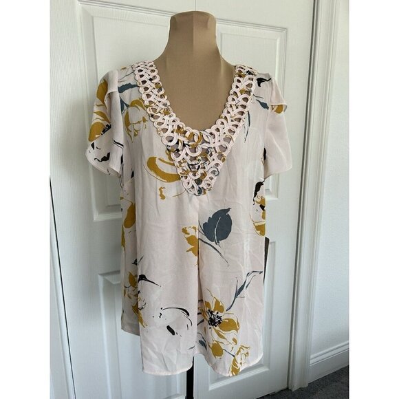 Daniel Rainn Light Pink Floral Print Short Flutter Sleeve V-Neck Blouse Top Sz S - Picture 1 of 7